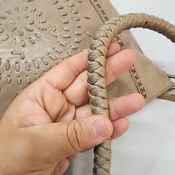 The SAK -Tan Leather Handbag Satchel Purse Woven Handle Outside zip Medium Boho - Picture 11 of 13